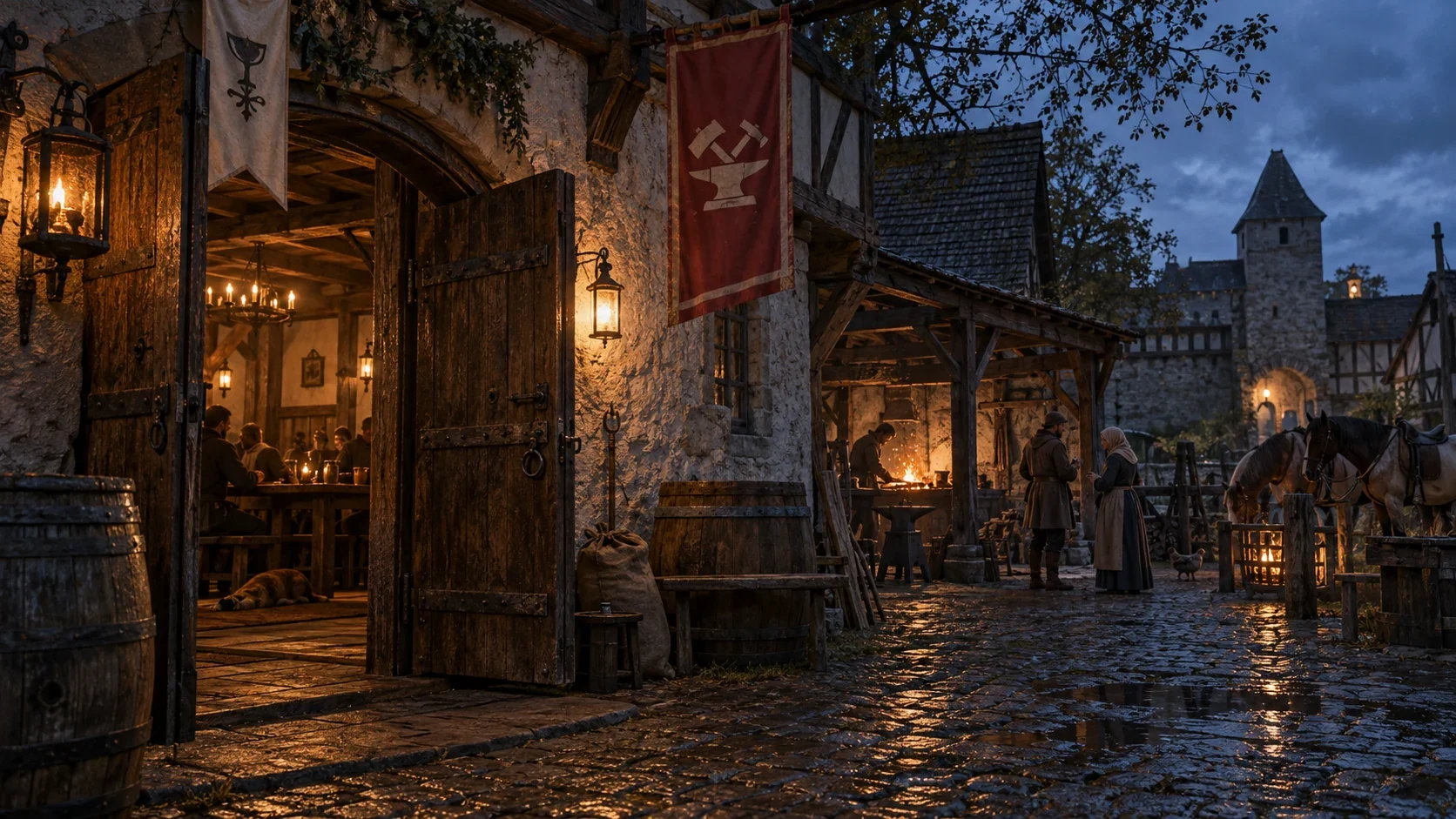 eine warme Taverne und Handwerkshof in einer mittelalterlichen Stadt